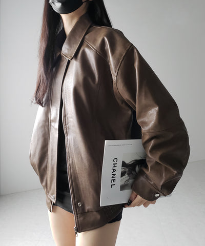 【 ２color 】ヴィンテージライクオーバーフェイクレザーブルゾン ／ vintage like over fake leather blouson