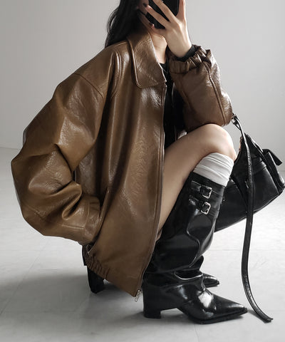 【 ２color 】バックリボン刺繍ヴィンテージライクフェイクレザーブルゾン ／ back ribbon vintage like fake leather blouson
