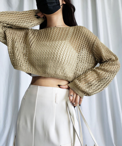 【 ７color 】ショート丈メッシュクロシェ透かし編みニット