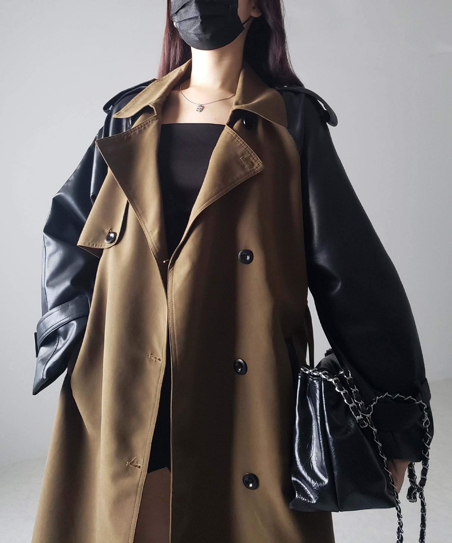 【 ３COLOR 】フェイクレザードッキングロングトレンチコート