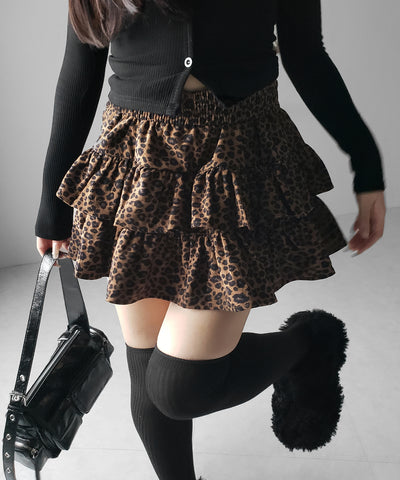 【 無地 or レオパードから選べる ／ インパン裏地付 】コーデュロイティアードフリルミニスカート ／ corduroy tiered frill mini skirt