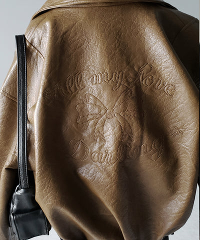 【 ２color 】バックリボン刺繍ヴィンテージライクフェイクレザーブルゾン ／ back ribbon vintage like fake leather blouson