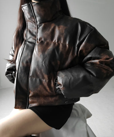 【 ２color 】ヴィンテージタイダイフェイクレザーショートダウンジャケット ／ vintage tyedye fake leather short down jacket