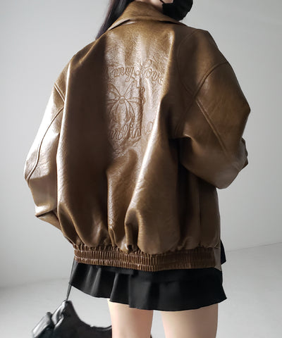 【 ２color 】バックリボン刺繍ヴィンテージライクフェイクレザーブルゾン ／ back ribbon vintage like fake leather blouson