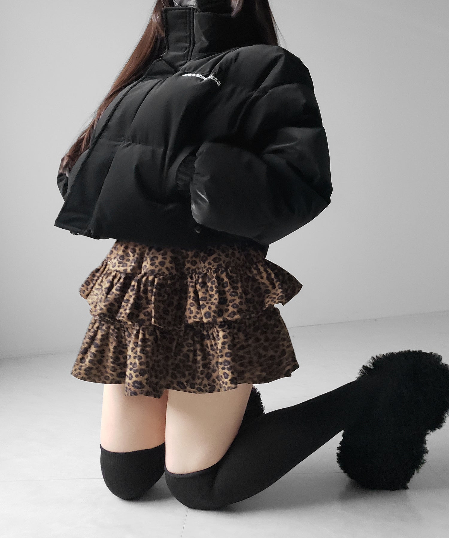 【 無地 or レオパードから選べる ／ インパン裏地付 】コーデュロイティアードフリルミニスカート ／ corduroy tiered frill mini skirt
