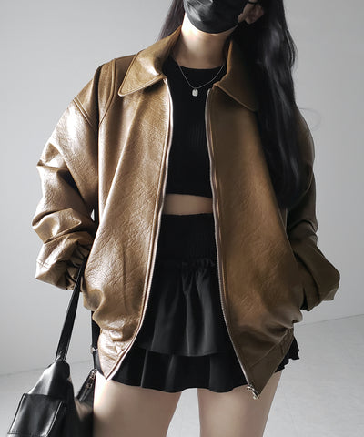 【 ２color 】バックリボン刺繍ヴィンテージライクフェイクレザーブルゾン ／ back ribbon vintage like fake leather blouson