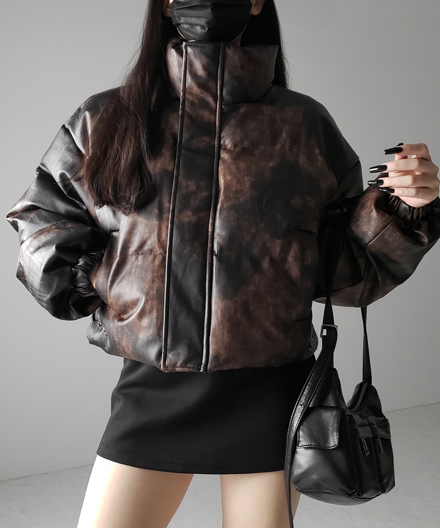 【 ２color 】ヴィンテージタイダイフェイクレザーショートダウンジャケット ／ vintage tyedye fake leather short down jacket
