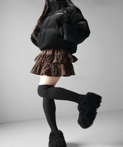 【 無地 or レオパードから選べる ／ インパン裏地付 】コーデュロイティアードフリルミニスカート ／ corduroy tiered frill mini skirt