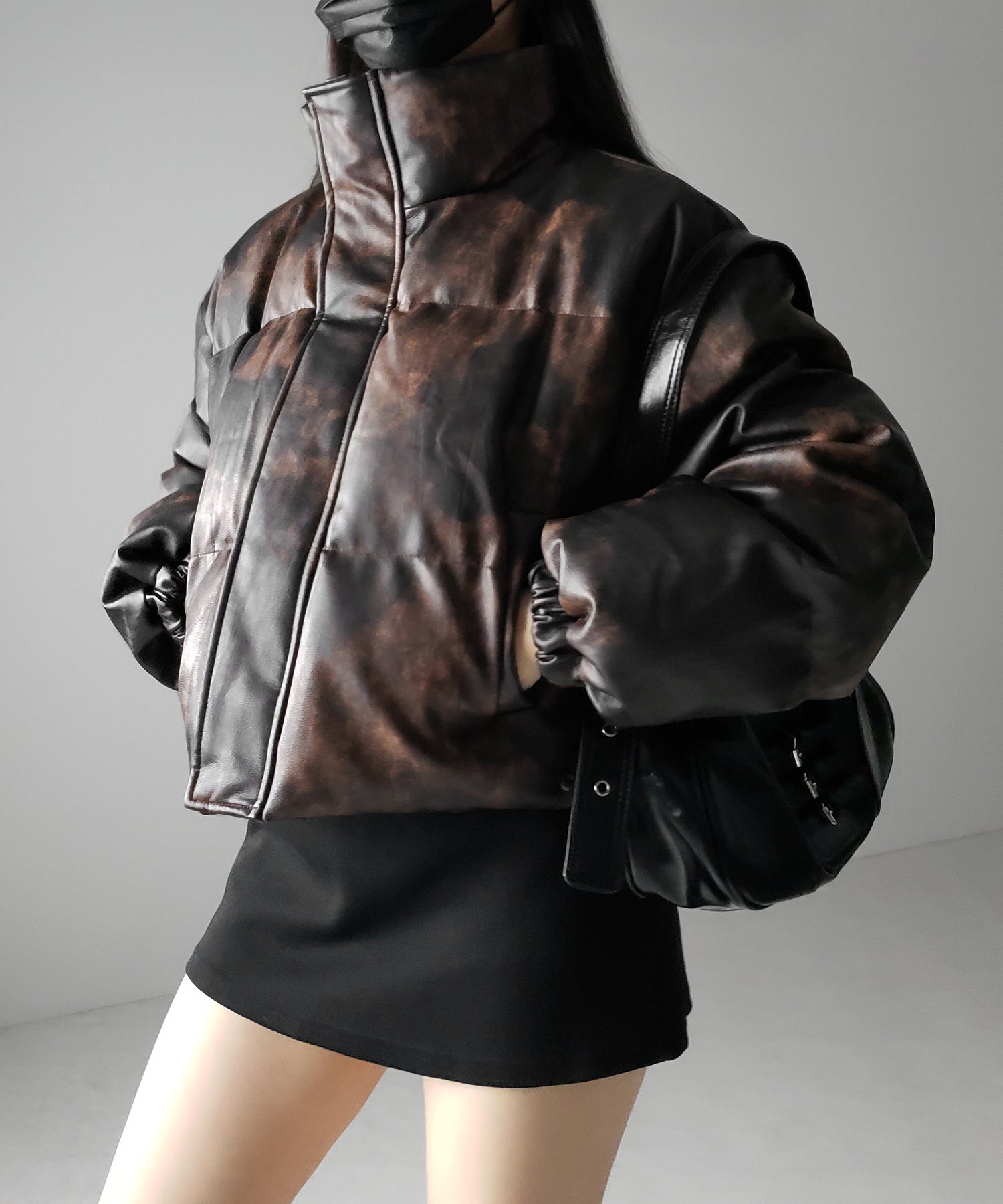 【 ２color 】ヴィンテージタイダイフェイクレザーショートダウンジャケット ／ vintage tyedye fake leather short down jacket