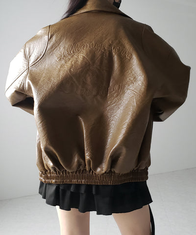 【 ２color 】バックリボン刺繍ヴィンテージライクフェイクレザーブルゾン ／ back ribbon vintage like fake leather blouson