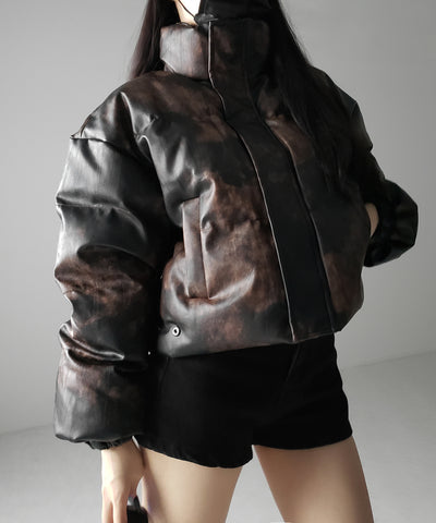 【 ２color 】ヴィンテージタイダイフェイクレザーショートダウンジャケット ／ vintage tyedye fake leather short down jacket