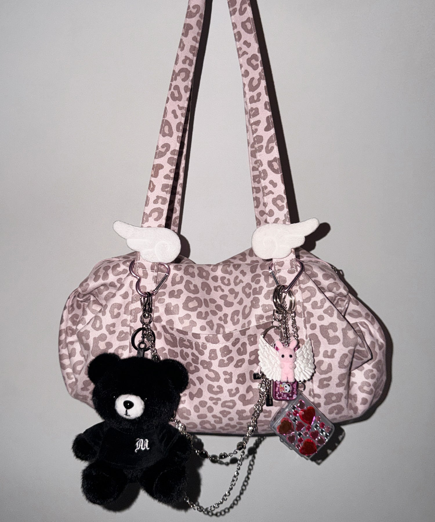 [589]ピンクデニム × レオパード ＊ mini巾着ショルダー ヴィンテージライクピンクレオパードミニボストンショルダーバッグ