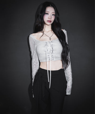 【 ２color 】レースアップコルセットリボンショートレーストップス ／ laceup corset ribbon short lace tops
