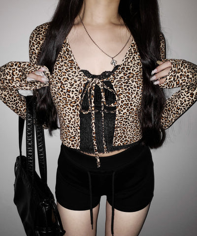 レオパードフロントリボンショートカーディガン ／ Leopard front ribbon short cardigan