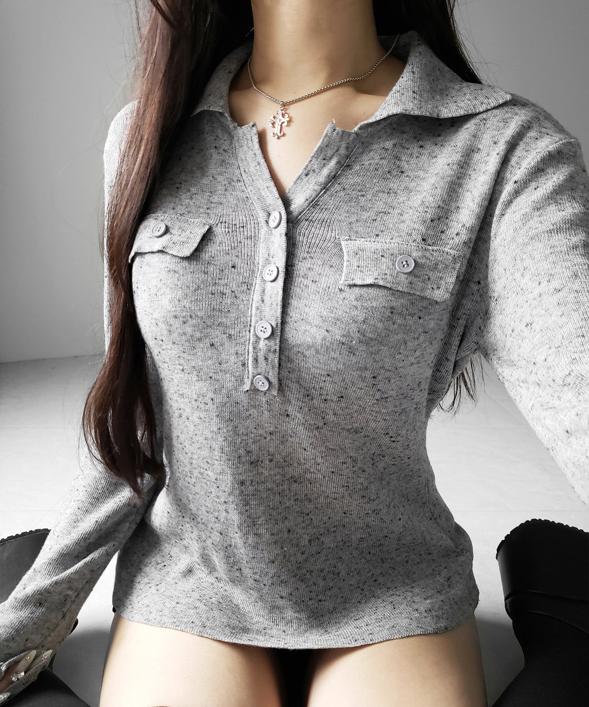 スキッパーボタン長袖ロングニットトップス ／ skipper button long sleeve long sheer knit tops