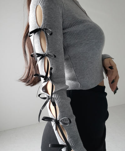 【 ２color 】カットアウトリボンショートリブニット ／ cut out ribbon short rib knit