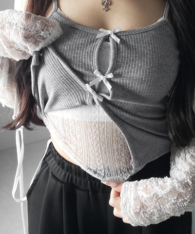 フロントリボンレースレイヤードリブキャミソール ／Front ribbon lace layered ribbed camisole