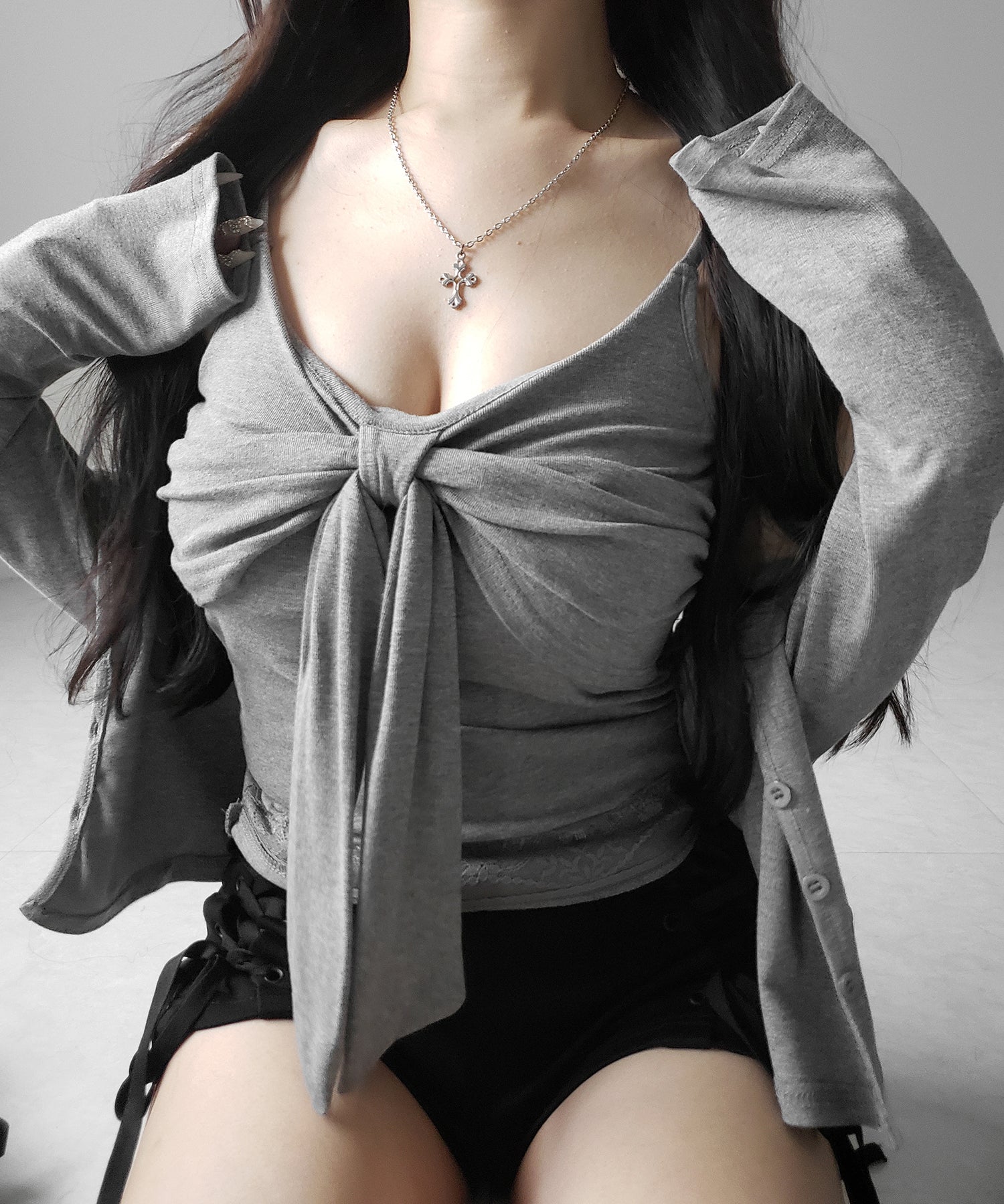 【 ２点セット 】リボンカットソーキャミソール ＋ カーディガンセット ／ribbon cutsew camisole + cardigan SET
