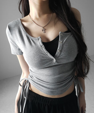【 ２点セット 】ヘンリーネックサイドリボン半袖ぴちＴシャツ ／ Henley neck side ribbon short-sleeve pichi T-shirt