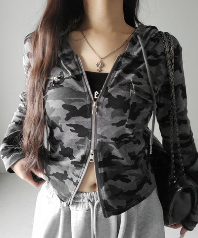 ヴィンテージカモフラダブルジップカットパーカー ／ vintage camouflage double zip cut hoodie