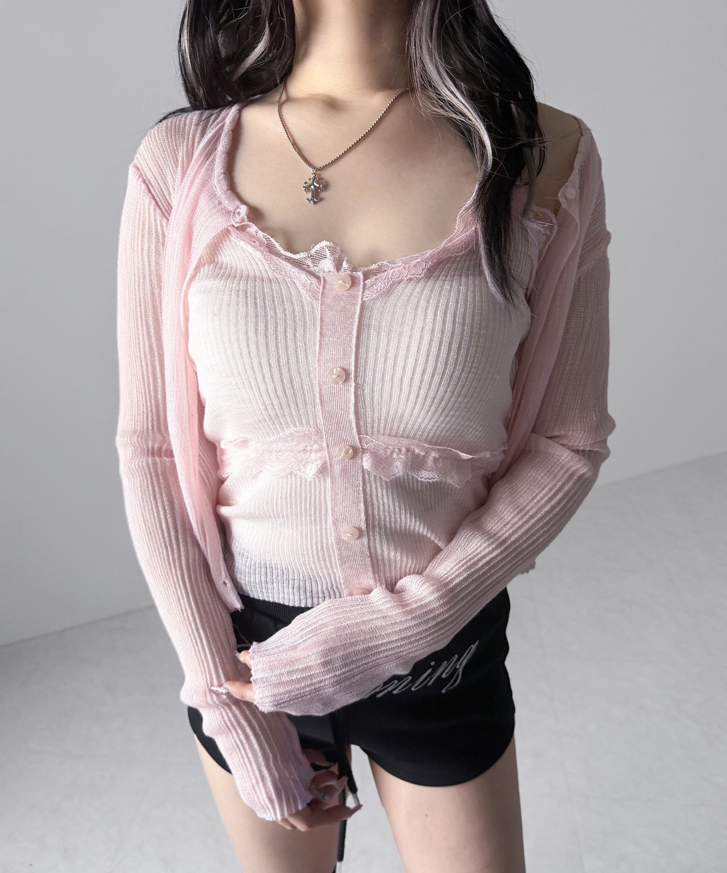 【 2点セット 】フロントレースシアーニットキャミソール ＋カーディガン SET / front lace sheer knit camisole + cardigan set