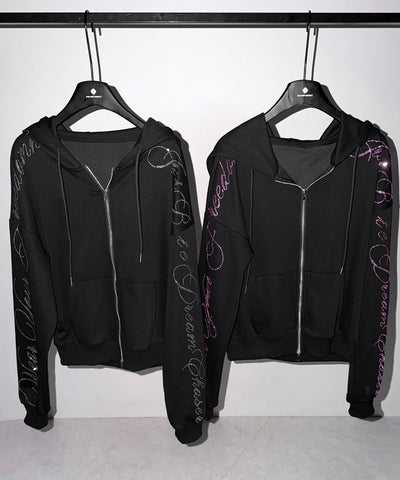 【 セットアップ可能 】ラインストーンロゴダブルジップパーカー ／ Rhine stone logo double zip hoodie