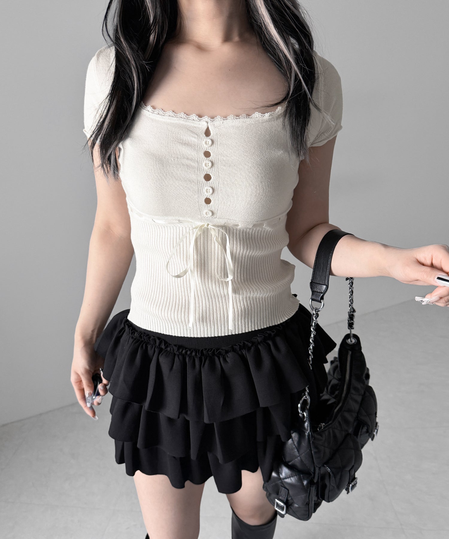 フロントリボンスクエア半袖ニットトップス / front ribbon square short sleeve knit tops