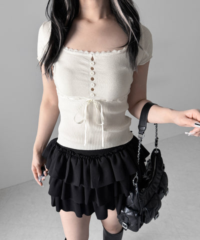 フロントリボンスクエア半袖ニットトップス / front ribbon square short sleeve knit tops