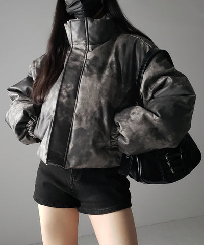 【 ２color 】ヴィンテージタイダイフェイクレザーショートダウンジャケット ／ vintage tyedye fake leather short down jacket