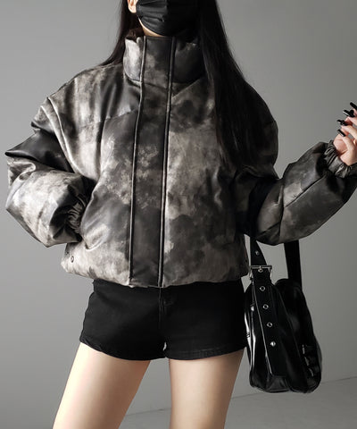 【 ２color 】ヴィンテージタイダイフェイクレザーショートダウンジャケット ／ vintage tyedye fake leather short down jacket