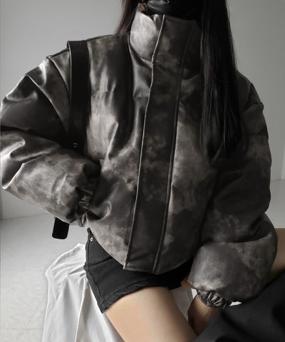 【 ２color 】ヴィンテージタイダイフェイクレザーショートダウンジャケット ／ vintage tyedye fake leather short down jacket