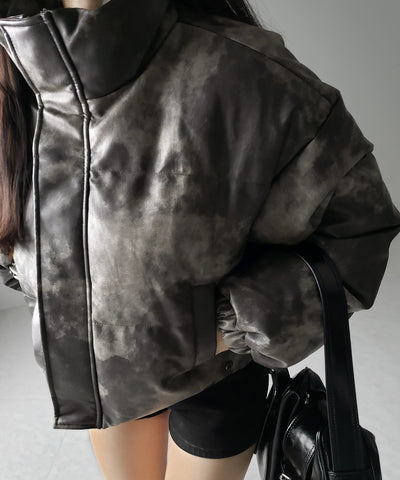 【 ２color 】ヴィンテージタイダイフェイクレザーショートダウンジャケット ／ vintage tyedye fake leather short down jacket
