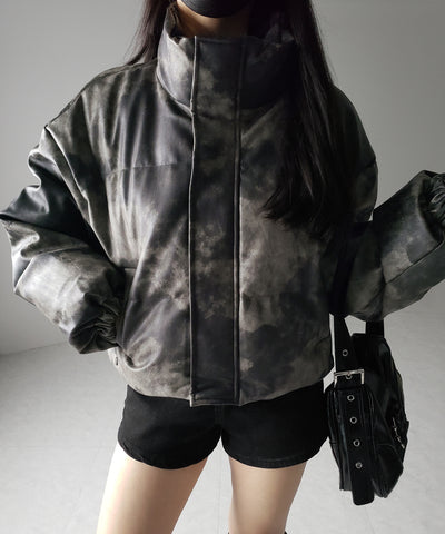 【 ２color 】ヴィンテージタイダイフェイクレザーショートダウンジャケット ／ vintage tyedye fake leather short down jacket
