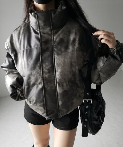 【 ２color 】ヴィンテージタイダイフェイクレザーショートダウンジャケット ／ vintage tyedye fake leather short down jacket