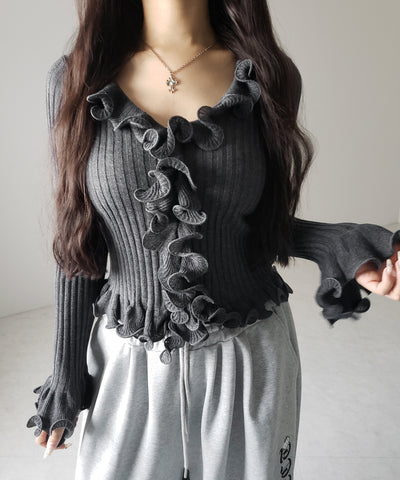 シアーフリル長袖リブニットカーディガン ／ sheer frill long-sleeve ribbed knit cardigan