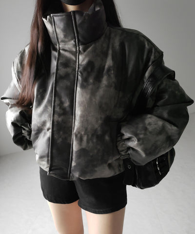 【 ２color 】ヴィンテージタイダイフェイクレザーショートダウンジャケット ／ vintage tyedye fake leather short down jacket