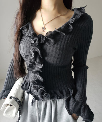 シアーフリル長袖リブニットカーディガン ／ sheer frill long-sleeve ribbed knit cardigan