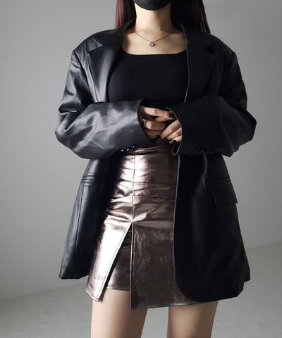 【 ３color ／４size 】３タックメタリックスリットハイウエストタイトミニスカート ／ three tuck metallic slit highwaist tight mini skirt