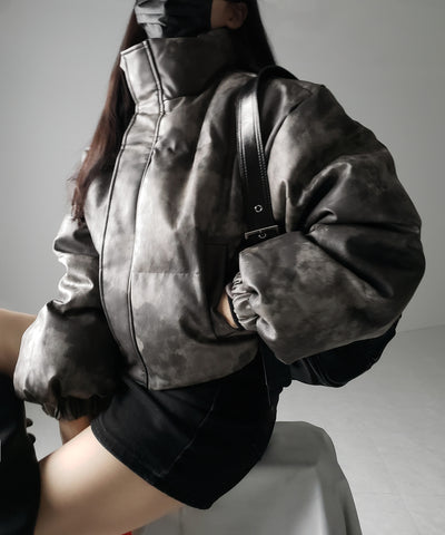 【 ２color 】ヴィンテージタイダイフェイクレザーショートダウンジャケット ／ vintage tyedye fake leather short down jacket