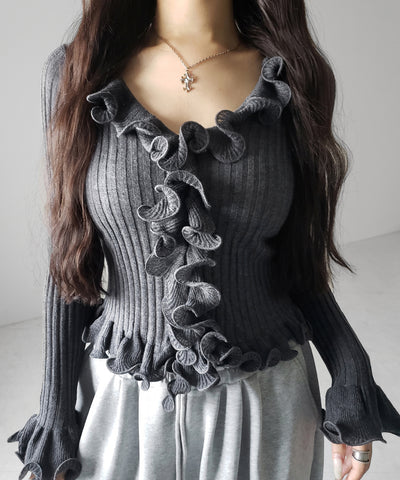 シアーフリル長袖リブニットカーディガン ／ sheer frill long-sleeve ribbed knit cardigan