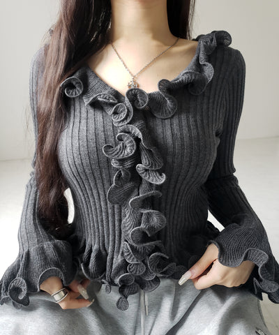 シアーフリル長袖リブニットカーディガン ／ sheer frill long-sleeve ribbed knit cardigan