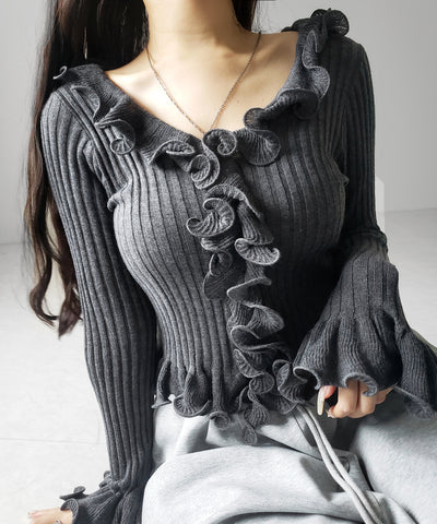 シアーフリル長袖リブニットカーディガン ／ sheer frill long-sleeve ribbed knit cardigan