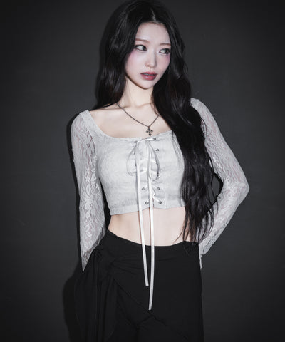 【 ２color 】レースアップコルセットリボンショートレーストップス ／ laceup corset ribbon short lace tops