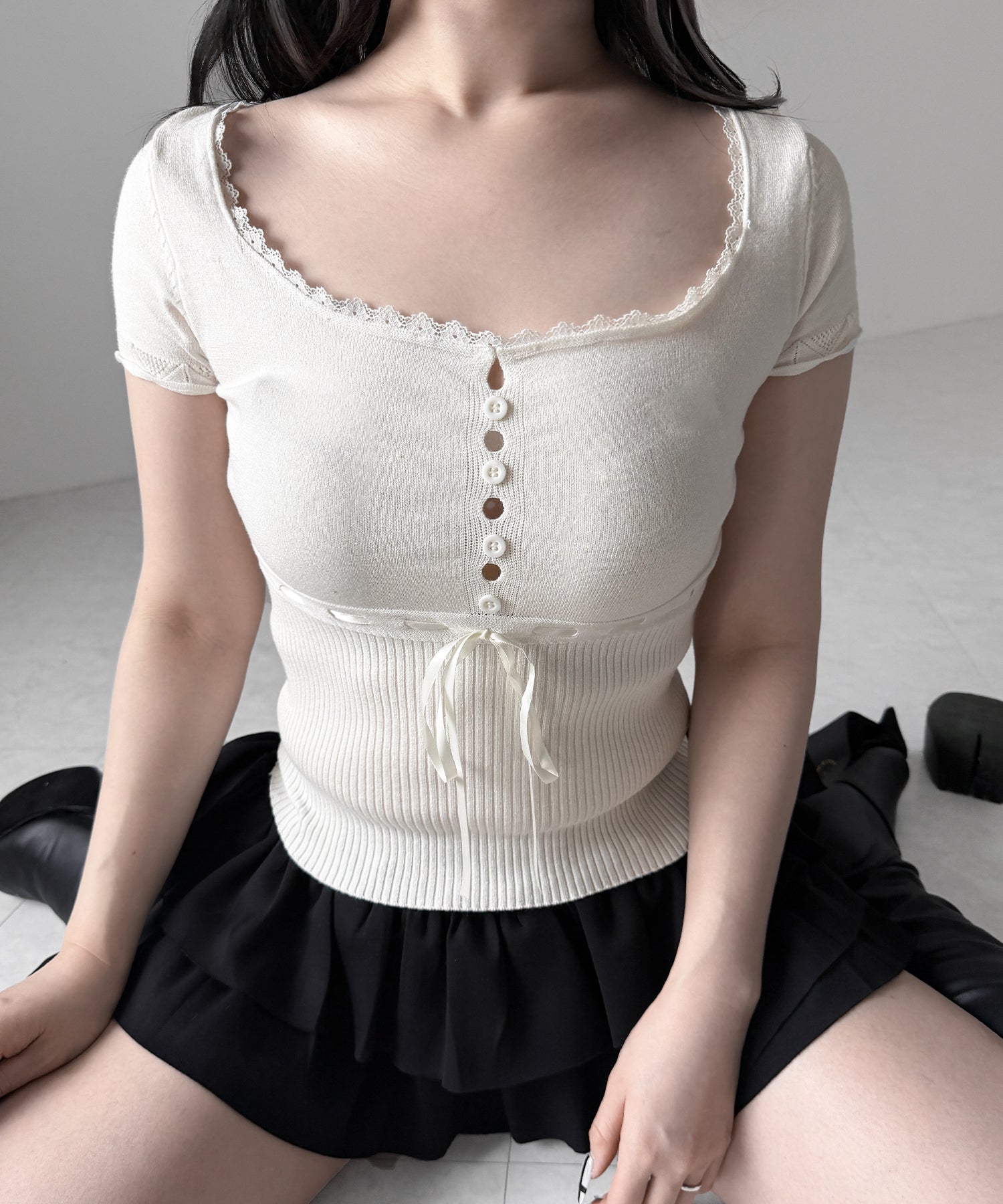 フロントリボンスクエア半袖ニットトップス / front ribbon square short sleeve knit tops