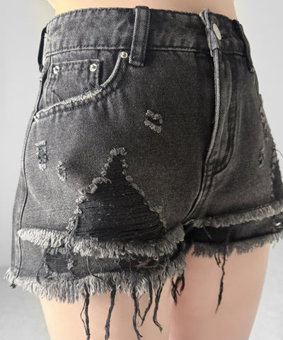 クラッシュダメージダブルフリンジデニムショートパンツ／crash damage double fringe denim short pants