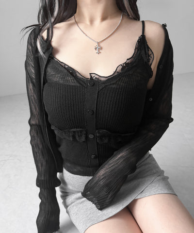 【 2点セット 】フロントレースシアーニットキャミソール ＋カーディガン SET / front lace sheer knit camisole + cardigan set