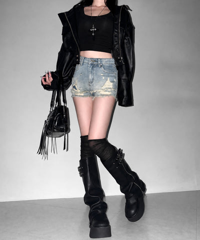 クラッシュダメージダブルフリンジデニムショートパンツ／crash damage double fringe denim short pants