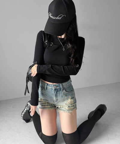 クラッシュダメージダブルフリンジデニムショートパンツ／crash damage double fringe denim short pants