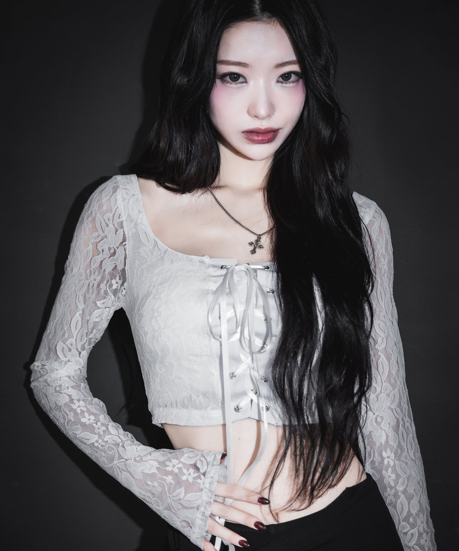 【 ２color 】レースアップコルセットリボンショートレーストップス ／ laceup corset ribbon short lace tops