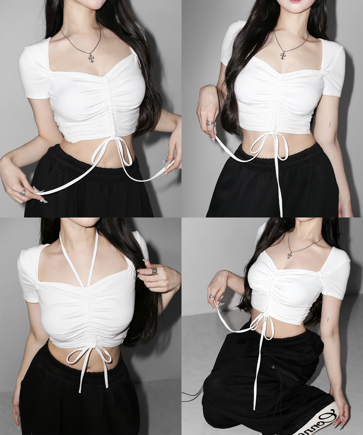 【クロスネックにできる2WAY 】フロントシャーリングリボン半袖ショートＴシャツ ／2WAY front shirring ribbon short sleeve short T-shirt